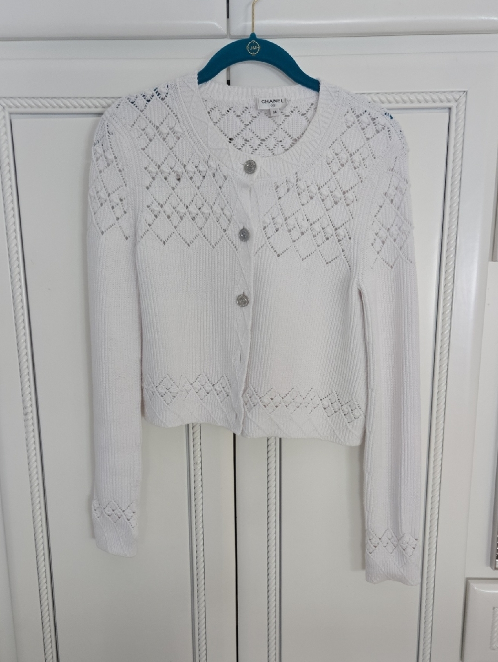 CHANEL White Openwork Knit Button Cardigan
